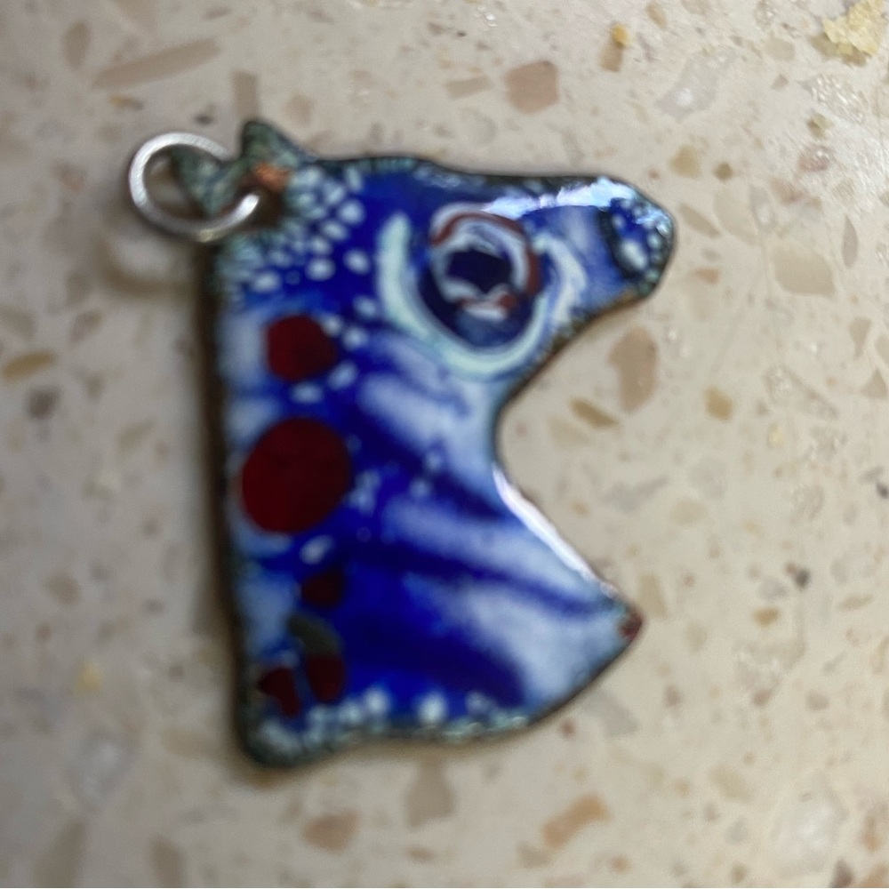 (JE18) Vintage Handcrafted Blue and Red Enamel Horse Head Pendant
